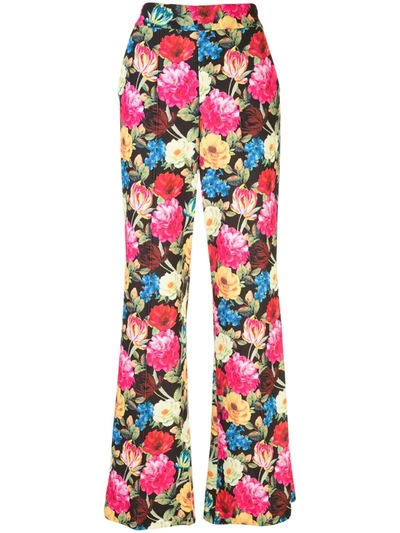 Alice And Olivia Dylan Floral Print High Waist Wide Leg Satin Trousers In Bloom