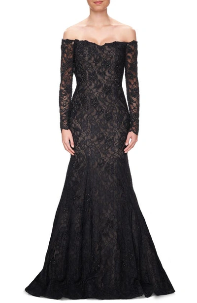 La Femme Off The Shoulder Long Sleeve Lace Gown In Black