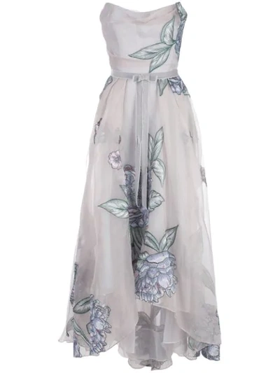 Marchesa Notte Strapless Velvet-trimmed Embroidered Silk-organza Gown In Silver
