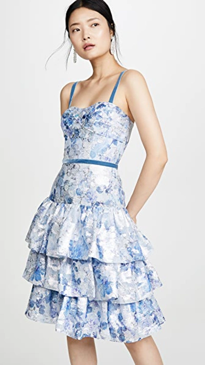 Marchesa Notte Metallic Printed Fils Coupe Tiered Tea-length Cocktail Dress In Light Blue