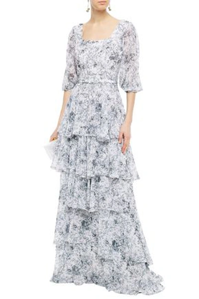 Costarellos Tiered Belted Printed Georgette Gown In White