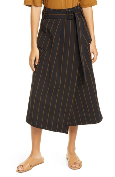 Vince Belted Striped Utility Skirt In Black/ Olive