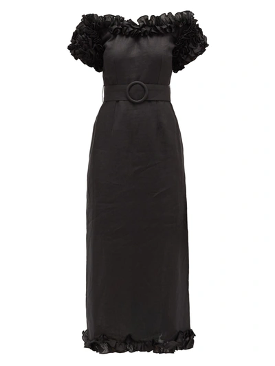 Gül Hürgel Ruffled Off-the-shoulder Linen Dress In Black