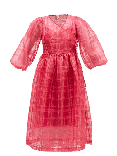 Shrimps Georgia Checked Cat-print Organza Wrap Dress In Pink