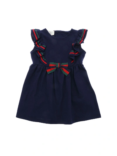Gucci Kids' Childrens Cotton Piiquet Dress With Bow In Blue