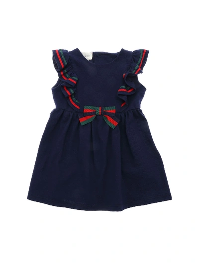 Gucci Childrens Cotton Piiquet Dress With Bow In Blu