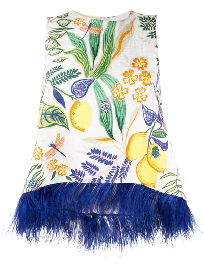 La Doublej La Scala Printed Feather-trimmed Cotton-blend Top In White