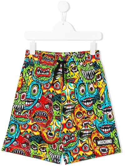 Moschino Kids' Monster Print Track Shorts In Green