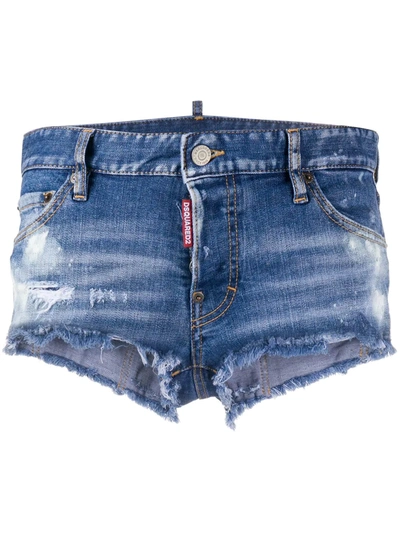 Dsquared2 Destroyed Detail Low-rise Denim Shorts In Blue