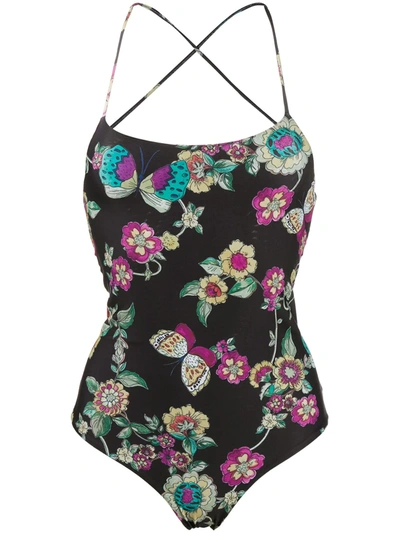 Red Valentino Floral Printed One Piece Swimsuit In Black