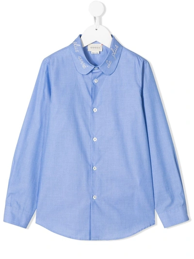 Gucci Kids' Blue Shirt With Embroyded Collar In Unico