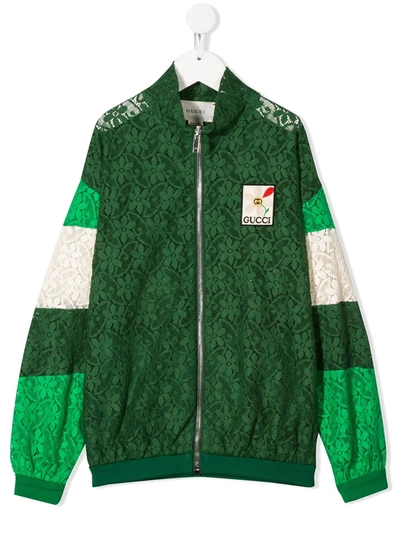 Gucci Kids' Green Bomber Jacket With Flowers Design In Yard