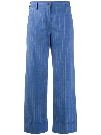 Brag-wette Turn Up Hem Striped Pattern Trousers In Blue