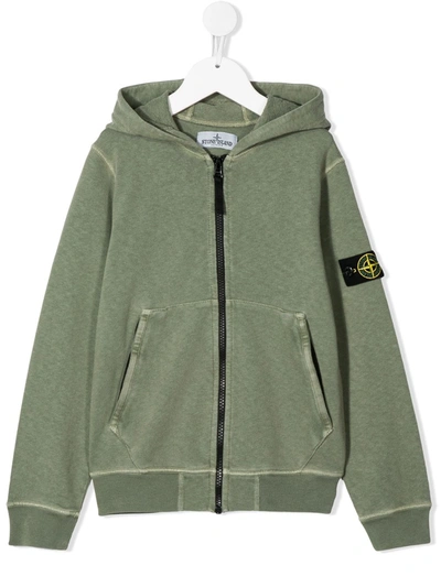 Stone Island Logo Patch Zipped Hoodie In Green