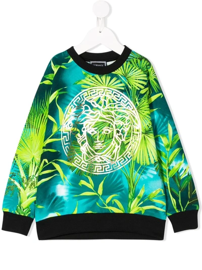 Young Versace Kids' Tropical-print Branded Sweatshirt In Green