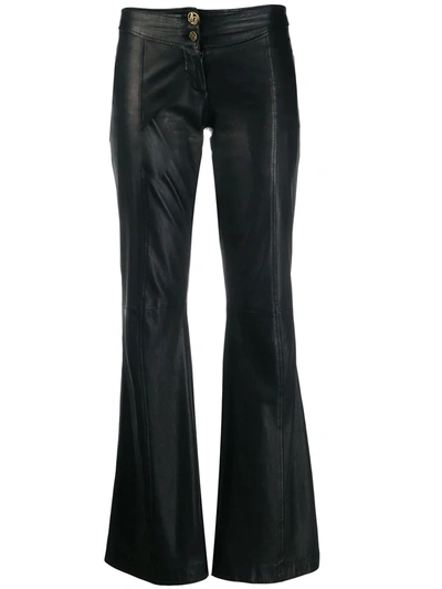 Pre-owned Versace 2000s Flared Leather Trousers In Black