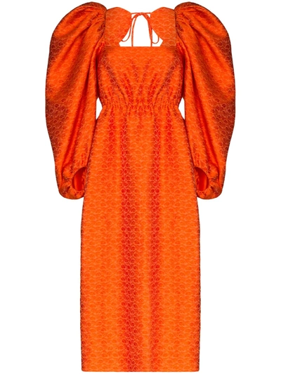 Rosie Assoulin Madame Butterfly Pouf Sleeve Midi Dress In Orange