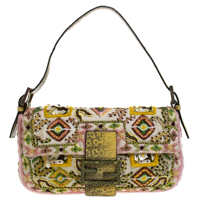 Pre-owned Fendi Multicolor Canvas And Lizard Embroidered Bageutte