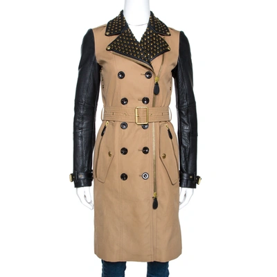 Pre-owned Burberry Brit Bicolor Cotton Leather Trim Studded Coat Xs In Beige