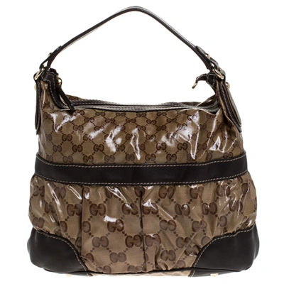 Pre-owned Gucci Beige/brown Gg Crystal Coated Canvas And Leather Mix Hobo