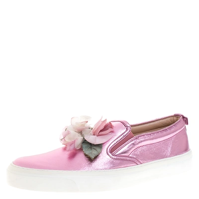 Pre-owned Gucci Pink Foil Leather Flower Slip On Sneakers Size 40