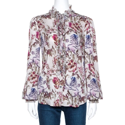 Pre-owned Dolce & Gabbana Grey Floral Print Silk Ruffle Front Blouse M