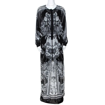 Pre-owned Roberto Cavalli Monochrome Floral Print Silk Kaftan Tunic S In Black