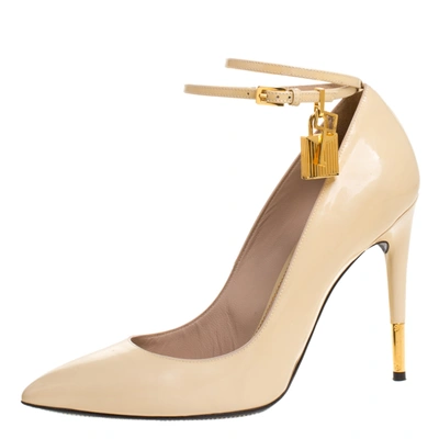 Pre-owned Tom Ford Beige Patent Leather Padlock Ankle Wrap Pointed Toe Pumps Size 40