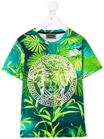 Young Versace Kids' Foliage-print Logo T-shirt In Green