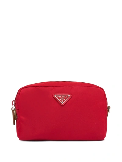 Prada Logo Plaque Zipped Make-up Bag In Red