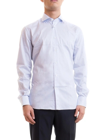 Corneliani Logo Patch Printed Cotton Shirt In Light Blue