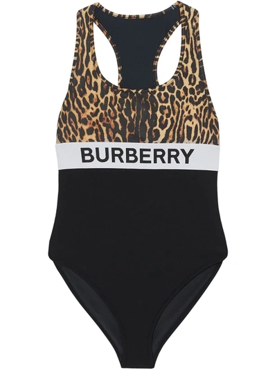 Burberry Sheld Leopard Print Logo Band One-piece Swimsuit In Dark Mustard