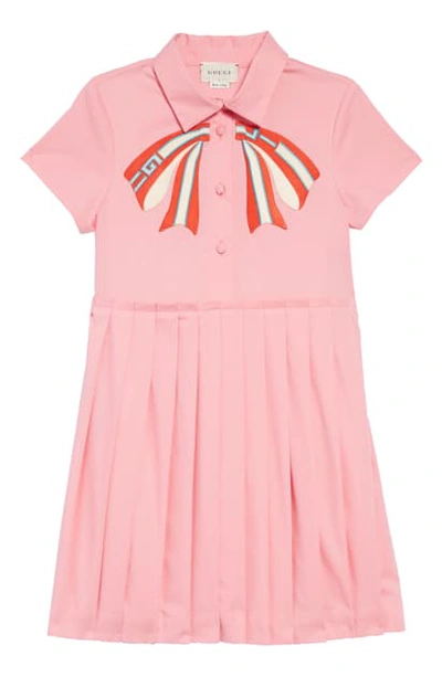 Gucci Kids' Girl's Collared Pleated Dress W/ Logo Bow Applique, Size 4-12 In Lotus Pink