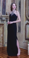 Theia Crepe Halter Gown With Glass Beaded Necklace In Midnight