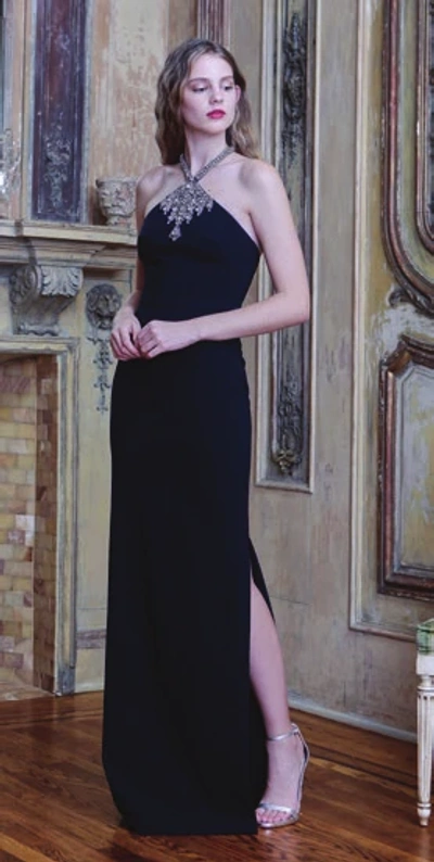Theia Crepe Halter Gown With Glass Beaded Necklace In Midnight