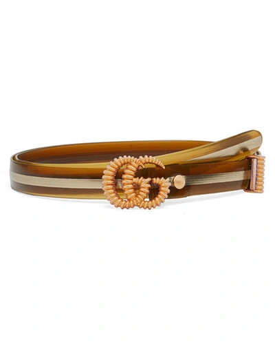 Gucci Skinny Gg Marmont Striped Belt In Tawny/gold