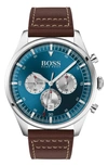 Hugo Boss Men's Chronograph Pioneer Brown Leather Strap Watch 44mm Women's Shoes