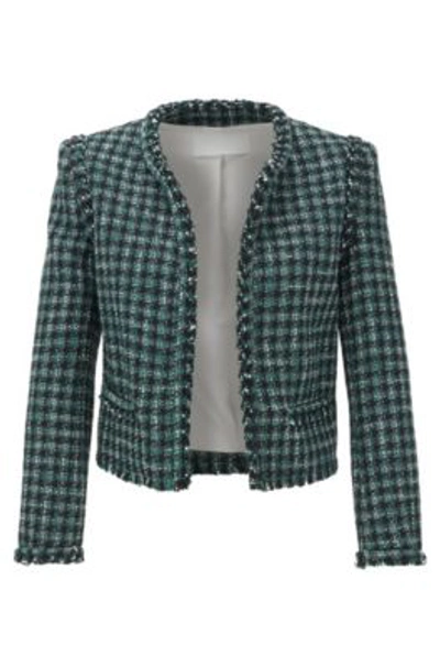 Hugo Boss Regular-fit Jacket In Checked Tweed With Fringed Edges In Patterned