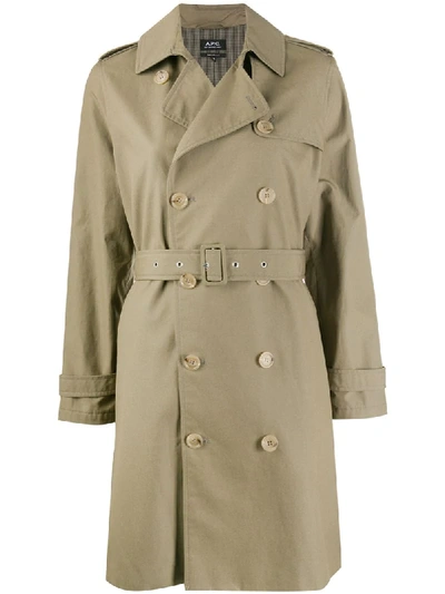 Apc Josephine Double-breasted Cotton Trench Coat In Green