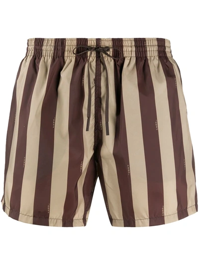 Fendi Men's Pequin Stripe Swim Trunks In Beige