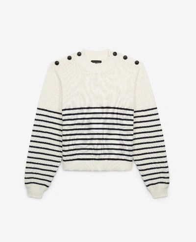 The Kooples Ecru Striped Wool Sweater With Leather Buttons