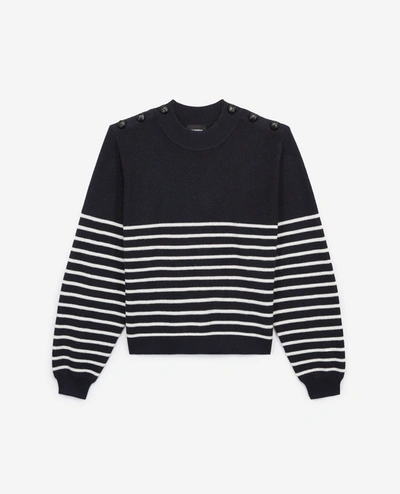The Kooples Blue Striped Wool Sweater With Leather Buttons In Navy