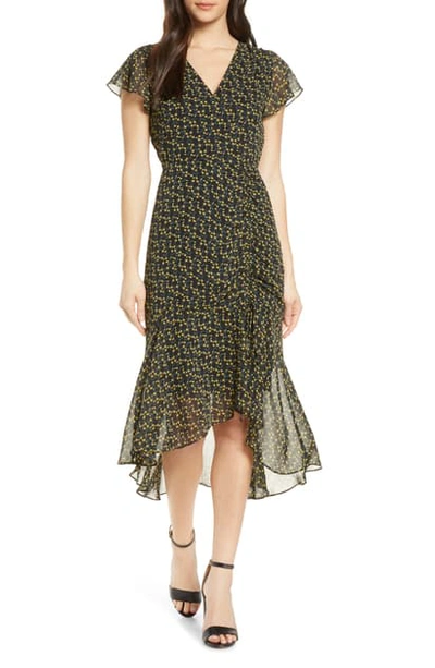 Sam Edelman Floral Print Ruffled Midi Dress In Black/ Yellow