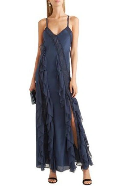 Alice And Olivia Jayda Chantilly Lace-paneled Ruffled Silk-georgette Maxi Dress In Navy