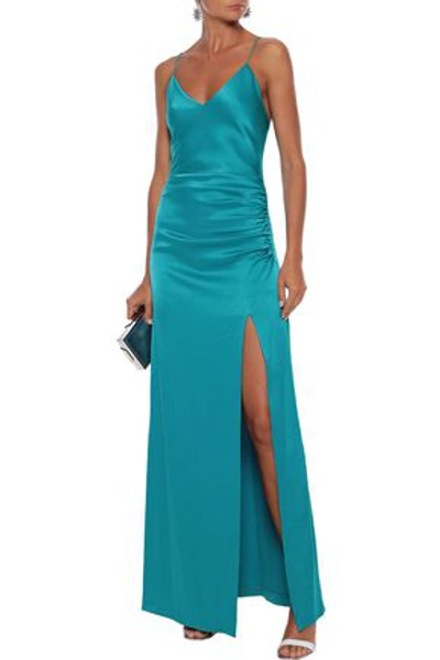 Alice And Olivia Fallon Ruched Satin Gown In Turquoise