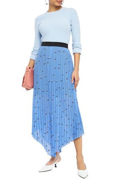 Maje Jengo Asymmetric Pleated Embroidered Georgette Midi Skirt In Azure