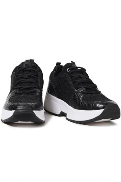 Michael Michael Kors Lizard-effect Leather, Suede And Metallic Knitted Sneakers In Black