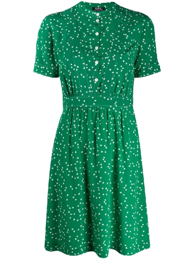 Apc Camille Heart-print Silk Minidress In Green