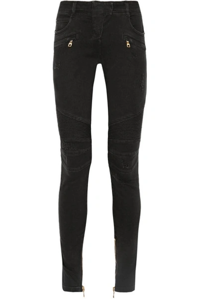 Balmain Moto-style Distressed Low-rise Skinny Jeans In Black