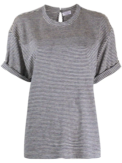 Brunello Cucinelli Bead-embellished Striped Stretch-linen Jersey T-shirt In Blue/camel